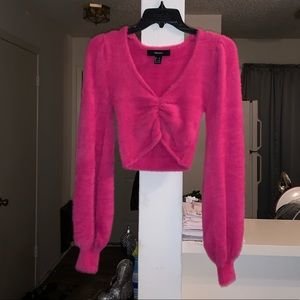 V neck cropped fuzzy sweater